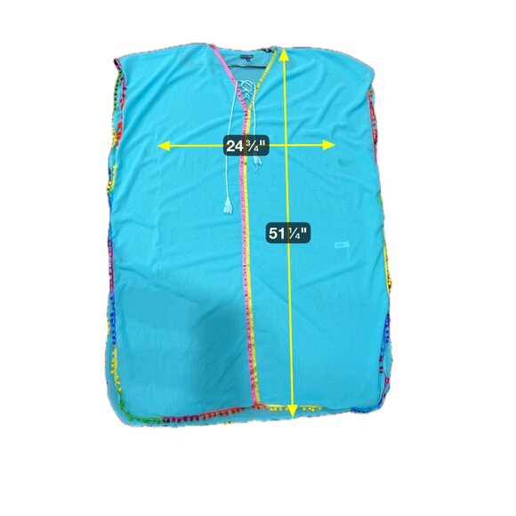 Fig & Vine XL Pom-Pom Trim Sheer Kaftan Teal Multicolor Satin Tie Cover-Up - Picture 8 of 11